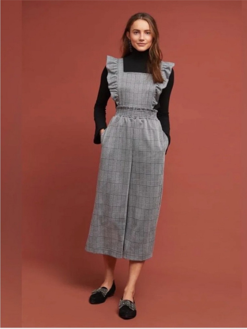 Anthropologie Gray Checked Ruffle-Strap Wide-Leg Jumpsuit